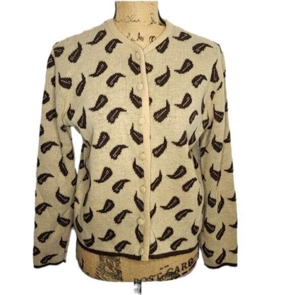 Vintage 50s Norway Knits Tan Leaf Sweater Cardigan - Picture 1 of 15